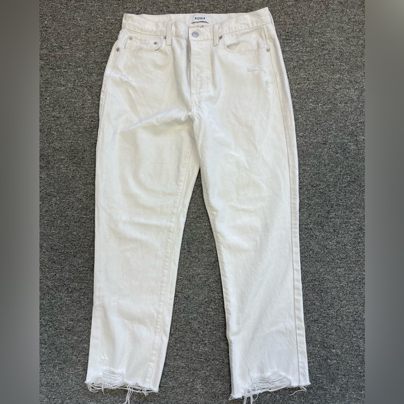 Pistola High Rise Straight Leg Jeans White Distressed Raw Hem Size 28 Button Fly - Picture 2 of 11